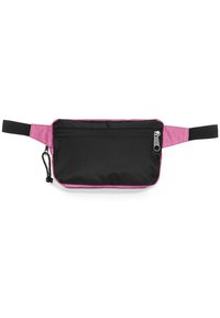 Černá látková ledvinka s růžovými akcenty, obdélníkový tvar, zapínání na zip a nastavitelného popruhu. Má hladkou texturu.