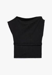 Czarny top na ramiączkach z szerokimi rękawami, wykonany z miękkiego materiału, z dopasowanym paskiem w talii. Charakteryzuje się gładką fakturą i brakiem widocznych wzorów.