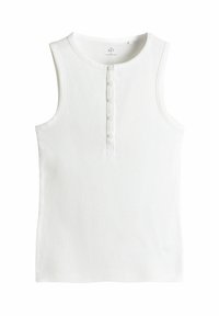 Vit ärmlös tank top med rund halsringning, ribbad textur och femknapplås framtill.