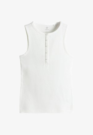 Fehér ujjatlan top körkivágással, bordázott textúrával és öt gombból álló patkóval az elején.