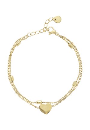 Gold double-chain bracelet with a central heart charm, small bead accents, and an adjustable clasp with a round tag.