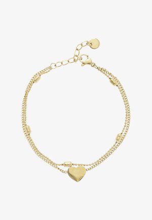 Goldenes doppelkettiges Armband mit einem zentralen Herzanhänger, kleinen Perlenakzenten und einem verstellbaren Verschluss mit rundem Anhänger.