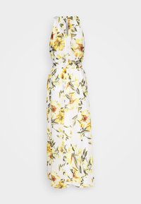 Robe longue fleurie avec une base blanche ornée de motifs floraux jaunes et verts, un col froncé et une taille cintrée pour une coupe ajustée.