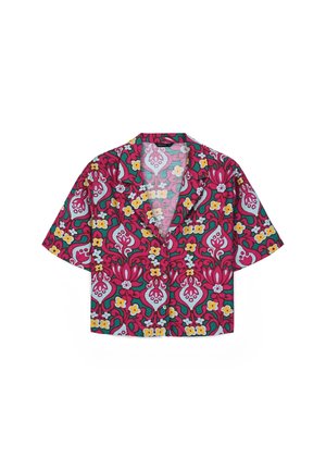 Camicia a maniche corte, con bottoni, caratterizzata da vivaci motivi floreali e astratti in rosa, teal, giallo e bianco, e colletto aperto.