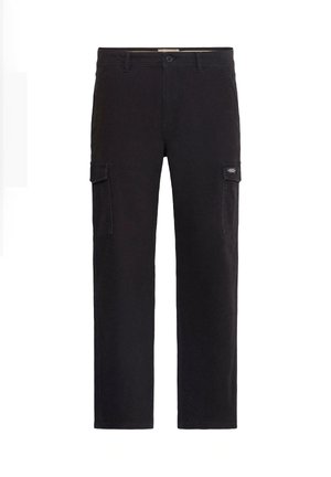Black cargo pants made from durable cotton, featuring two side pockets, a straight cut, and a button closure at the waist.