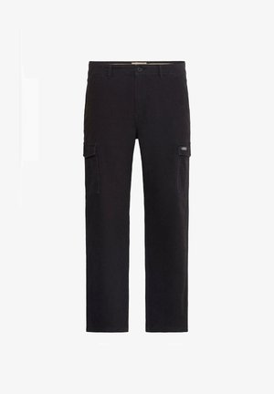 Black cargo pants made from durable cotton, featuring two side pockets, a straight cut, and a button closure at the waist.