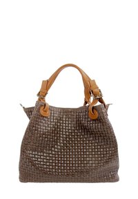 Woven brown leather handbag with tan leather straps and silver hardware. Rectangular shape with a textured, grid-like surface pattern.