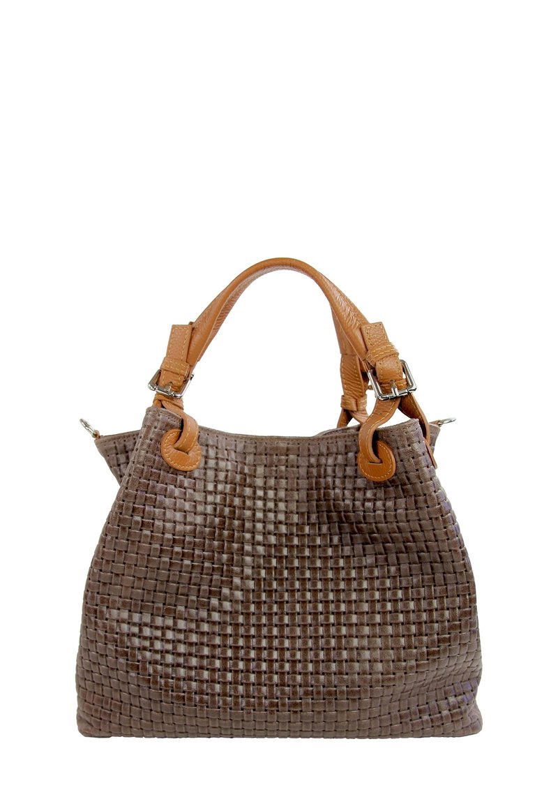 Woven brown leather handbag with tan leather straps and silver hardware. Rectangular shape with a textured, grid-like surface pattern.