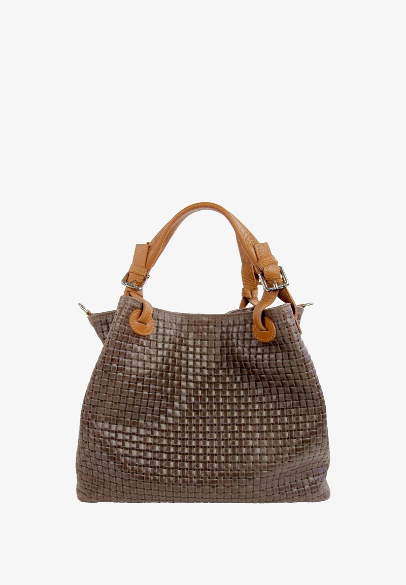 Woven brown leather handbag with tan leather straps and silver hardware. Rectangular shape with a textured, grid-like surface pattern.