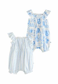 Due romper per neonati blu e bianchi con spalline arricciate; uno presenta un design floreale e l'altro ha righe con piccoli fiori.