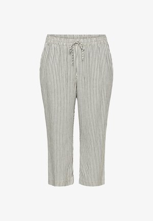 Pantalon blanc raccourci avec de fines rayures verticales noires et une taille à cordon, présenté sur un fond blanc.