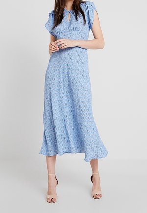 Blaues midi Kleid mit Blumenmuster, kurzen Rüschenärmeln, Ausschnitt mit Schlitz und einem fließenden Rock. Aus leichtem Stoff mit dezenten Mustern.