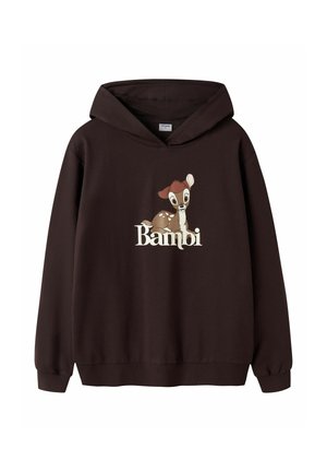 Sweat à capuche marron foncé avec un faon de dessin animé et le mot "Bambi" en texte clair sur le devant.