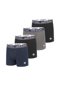 Quatre paires de boxers en navy, gris, noir et bleu foncé, avec des ceintures élastiques portant la marque "Serge Blanco" et des accents de logo ronds.