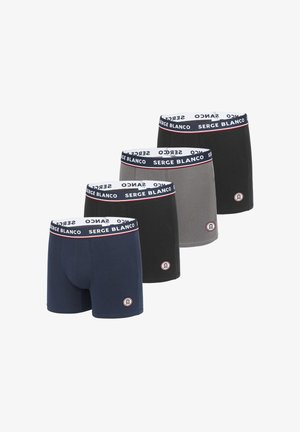 Quatre paires de boxers en navy, gris, noir et bleu foncé, avec des ceintures élastiques portant la marque "Serge Blanco" et des accents de logo ronds.
