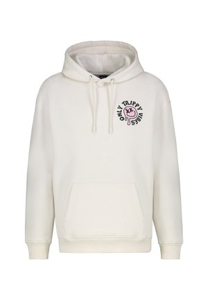 Cremfarbener Hoodie aus weichem Stoff, mit einer Vordertasche, Kordelzügen und einem runden Grafikdesign in Schwarz und Rosa auf der Brust.
