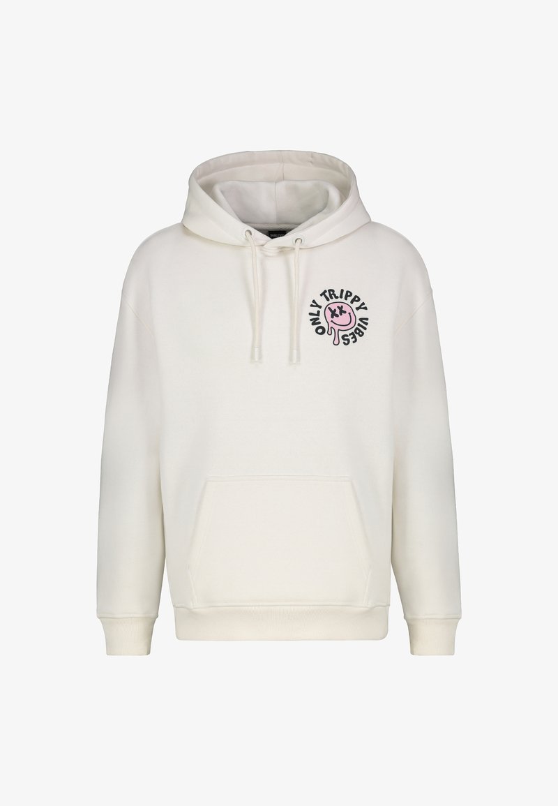 Cream-colored hoodie made of soft fabric, featuring a front pocket, drawstrings, and a circular graphic in black and pink on the chest.