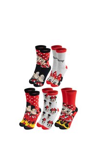 Set di calzini a tema Disney con colori nero, rosso e grigio. Presenta pois e personaggi dei cartoni animati di Minnie Mouse in varie posizioni.