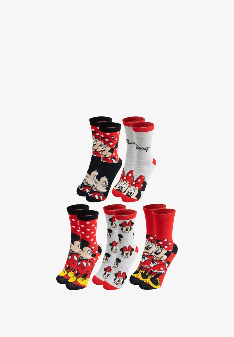 Set di calzini a tema Disney con colori nero, rosso e grigio. Presenta pois e personaggi dei cartoni animati di Minnie Mouse in varie posizioni.