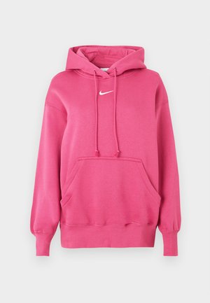 Ružová mikina vyrobená z jemnej látky, s kloktanou kapsou, rebrovanými manžetami a malým bielym logom Nike na hrudi.