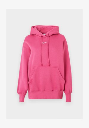 Roosa kapuutsiga pusa, mis on valmistatud pehmest kangast, millel on känguru tasku, soonikud varrukaotsades ja väikene valge Nike logo rinnal.