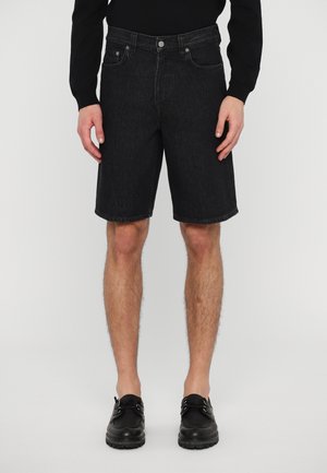 Black denim shorts with a straight cut, five-pocket design, and belt loops, featuring a slightly faded texture and raw hem edges.