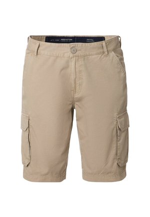 Beige Cargo-Shorts aus leichtem Stoff, mit seitlichen Taschen und Knopfverschluss, flachem Bund und geradem Bein.