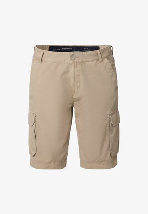 Beige cargo shorts lavet af letvægtsstof, med sidelommer og knaplukning, flad front og lige ben.