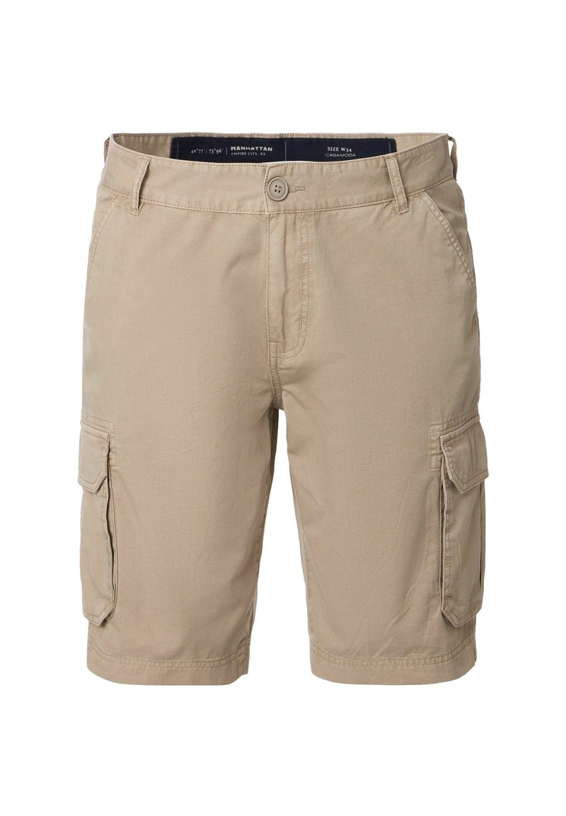 Beige cargoshorts van lichtgewicht stof, met zijzakken en een knoopsluiting, met een platte voorkant en rechte pijpen.