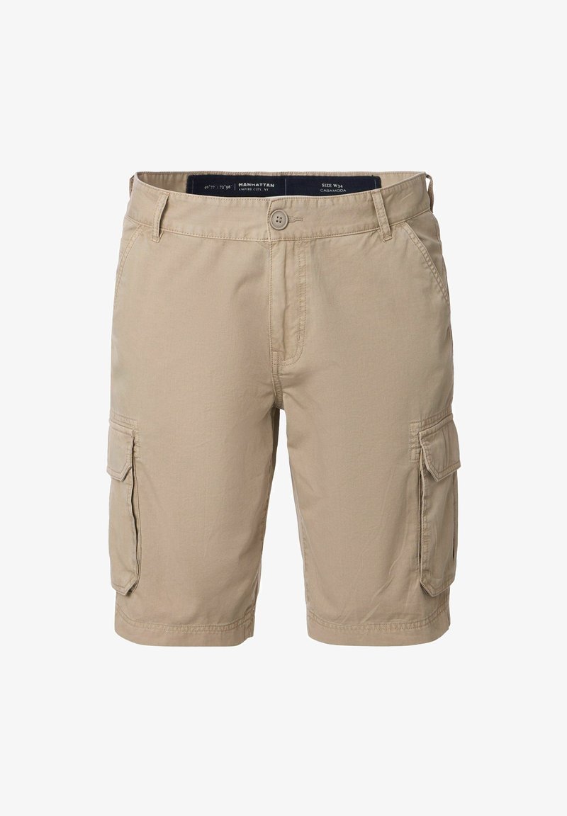 Beige cargoshorts van lichtgewicht stof, met zijzakken en een knoopsluiting, met een platte voorkant en rechte pijpen.