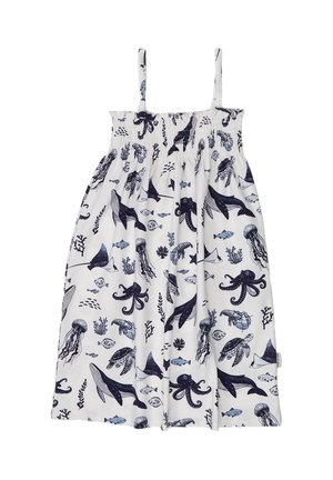Weißes Sommerkleid mit dünnen Trägern, verziert mit marineblauen Meeresbewohnern wie Walen, Oktopussen, Schildkröten, Quallen, Fischen und Korallenmustern.