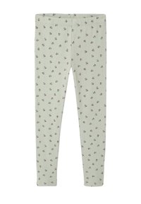 Light green ribbed leggings with small pink and blue floral print, elastic waistband, full length.