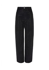 Zwarte wijde pantalons met een gestructureerde glansafwerking, hoge taille, zijzakken en een knoopsluiting op de tailleband.