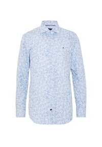 Camicia azzurro chiaro con bottoni, motivo floreale, maniche lunghe, colletto a punta e un piccolo logo sul petto. Tessuto di cotone morbido.