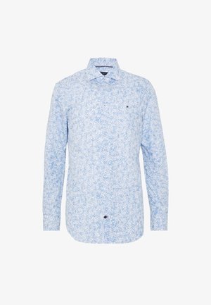 Lichtblauw overhemd met knopen en een bloemmotief, lange mouwen, een verspreide kraag en een klein logo op de borst. Glad katoen.
