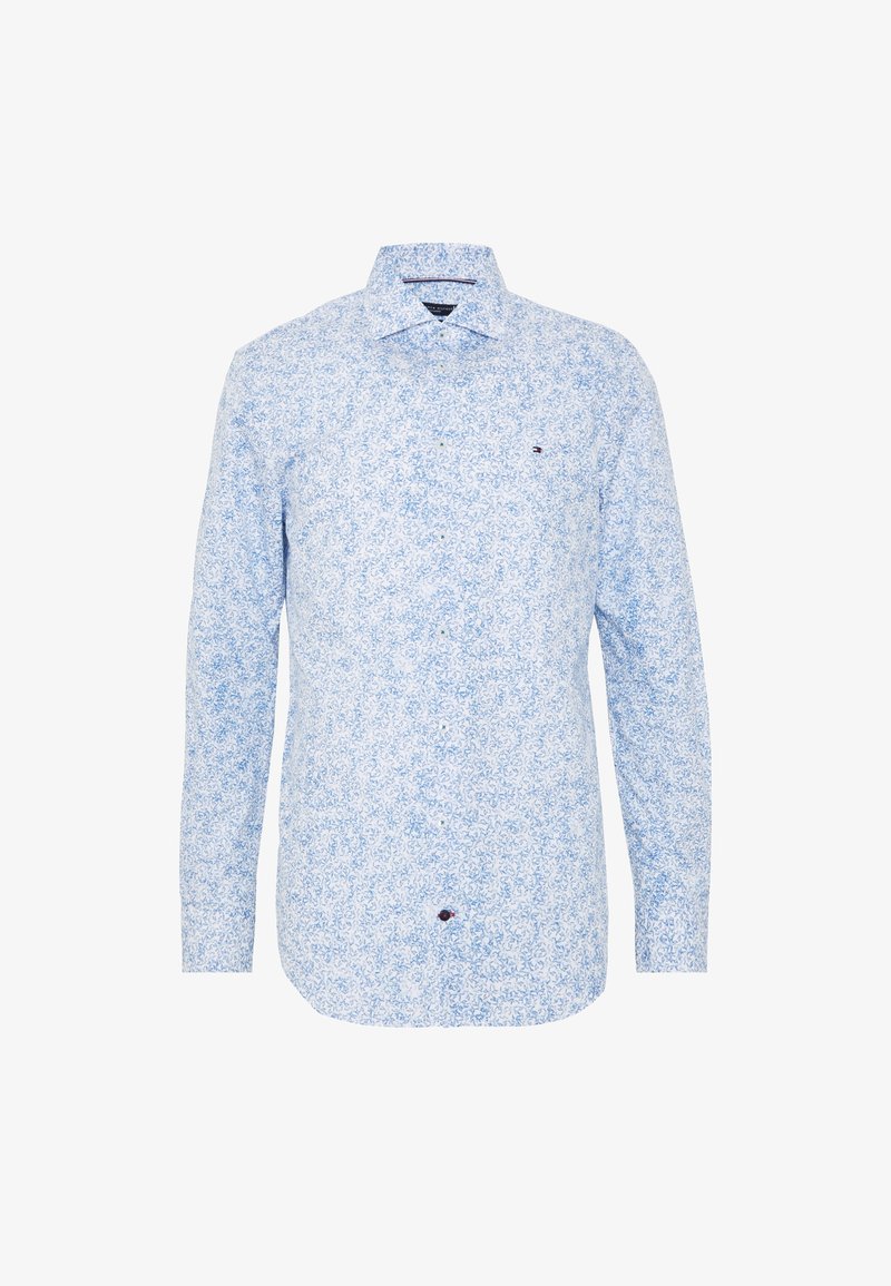 Camicia azzurro chiaro con bottoni, motivo floreale, maniche lunghe, colletto a punta e un piccolo logo sul petto. Tessuto di cotone morbido.