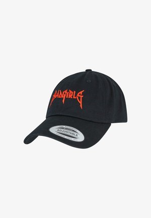 Black baseball cap with an adjustable strap, featuring bold red "BAD GIRLS" embroidery on the front and a curved visor.