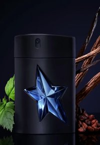 Bouteille de parfum cylindrique noire avec une découpe étoilée transparente de couleur bleue, entourée de feuilles vertes et de gousses de vanille brunes.
