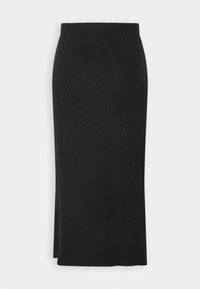 Jupe noire mi-longue avec texture côtelée diagonale et taille ajustée, présentée sur un fond blanc.