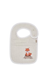 Weicher, hellgrauer Frottee-Lätzchen mit einer Fuchs-Stickerei. Rundhalsausschnitt mit Druckknopfverschluss, umrandet mit einem gemusterten weißen Saum.