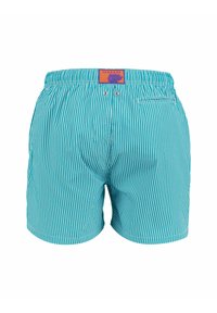 Costumi da bagno a righe turchesi con vita elastica, piccola tasca sul retro e un'etichetta logo viola sul retro.