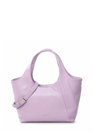 Borsa tote in pelle viola con doppio manico, caratterizzata da una texture liscia e un design minimalista. Un cinturino regolabile aggiunge versatilità.