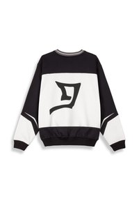 Sudadera en blanco y negro con un gran gráfico estilizado en la parte posterior. Presenta un cuello, puños y cinturilla acanalados, junto con un diseño en bloques de color.
