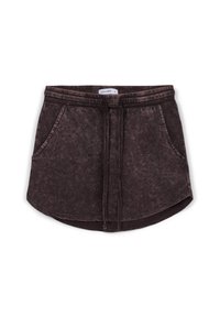 Shorts en mélange de coton couleur marron foncé avec taille à cordon, deux poches latérales et ourlet arrondi. Apparence texturée et décolorée sur l'ensemble.