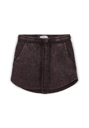 Pantaloni shorts di cotone di colore marrone scuro, con vita regolabile tramite coulisse, due tasche laterali e orlo curvo. Aspetto texturizzato e sbiadito in tutto il capo.