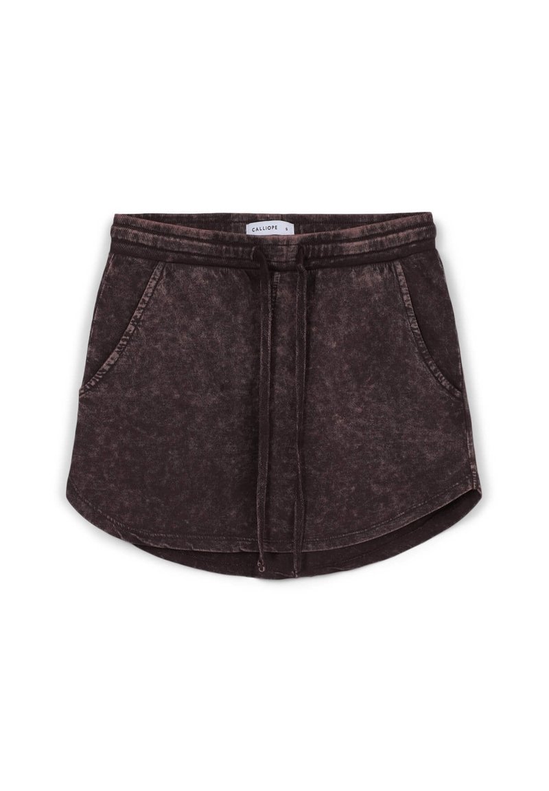 Shorts en mélange de coton couleur marron foncé avec taille à cordon, deux poches latérales et ourlet arrondi. Apparence texturée et décolorée sur l'ensemble.