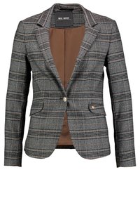 Grå rutigt kavaj med rabattkrage, två framfickor och en knappstängning. Fodrad med brunt, texturerat tyg med subtil glans.