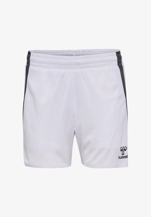 Weiße Sportshorts aus leichtem Material, mit schwarzen Seitenstreifen und einem Logo auf der unteren rechten Seite. Mit elastischem Bund.
