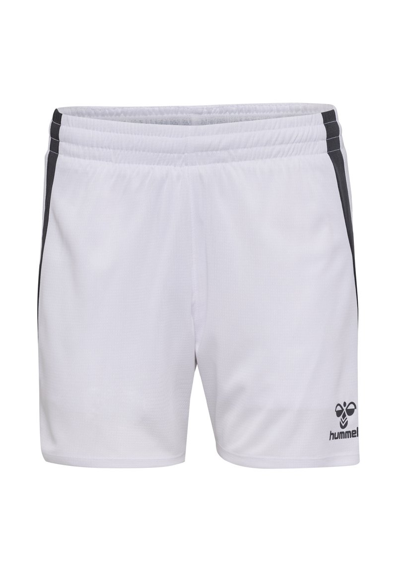 Weiße Sportshorts aus leichtem Material, mit schwarzen Seitenstreifen und einem Logo auf der unteren rechten Seite. Mit elastischem Bund.