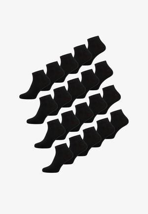 Sorte ankelsokker arrangeret i et gitter; har ribbet kant, sømløs design og en blød, glat tekstur. I alt 16 par.